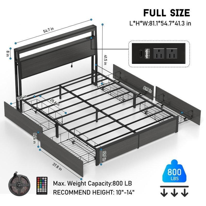 Siyah Metal 4 Çekmeceli LED Işıklı ve Şarj İstasyonlu Karyola - 139x206 cm - 142282