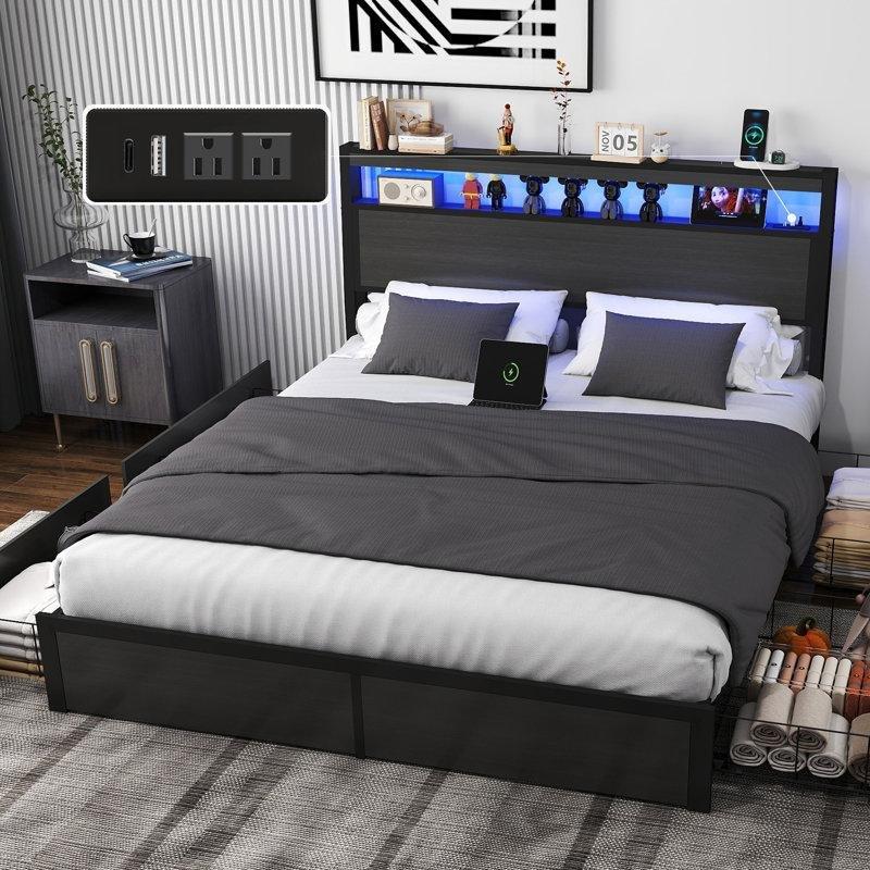 Siyah Metal 4 Çekmeceli LED Işıklı ve Şarj İstasyonlu Karyola - 139x206 cm - 142282