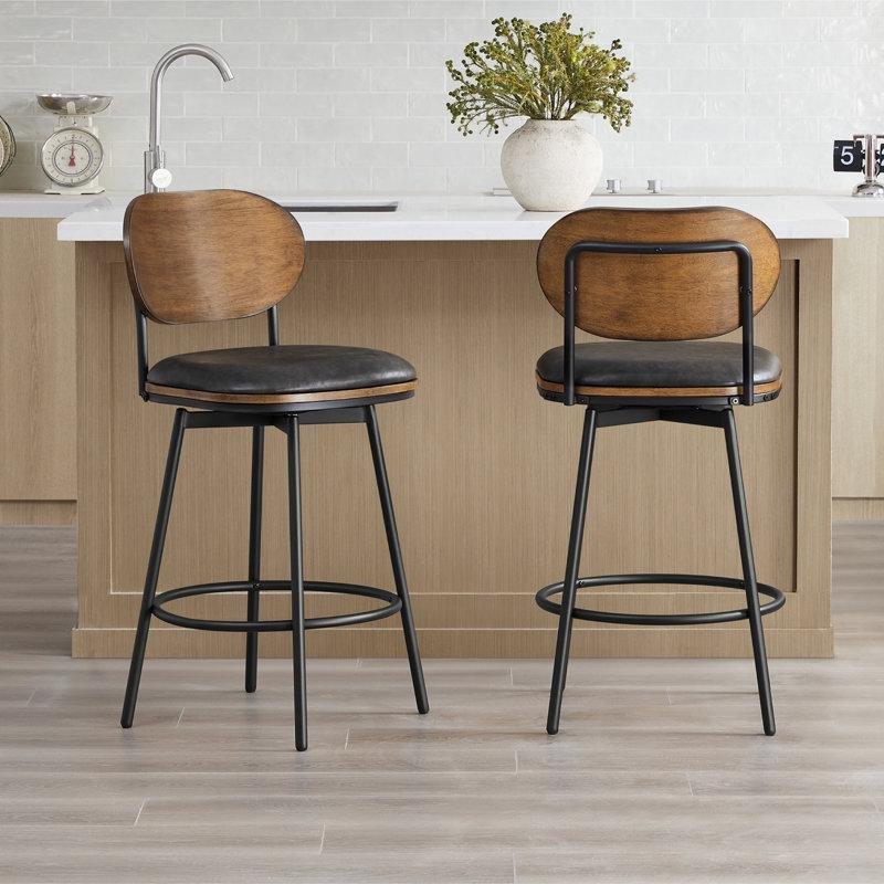 Siyah Metal Ayaklı Ahşap Sırtlı Döner Retro Bar Sandalyesi - 69 cm - 148542