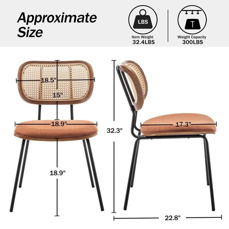 Siyah Metal Ayaklı Keten Döşemeli Rattan Sırtlı 2li Set Bohem Sandalye - 145551