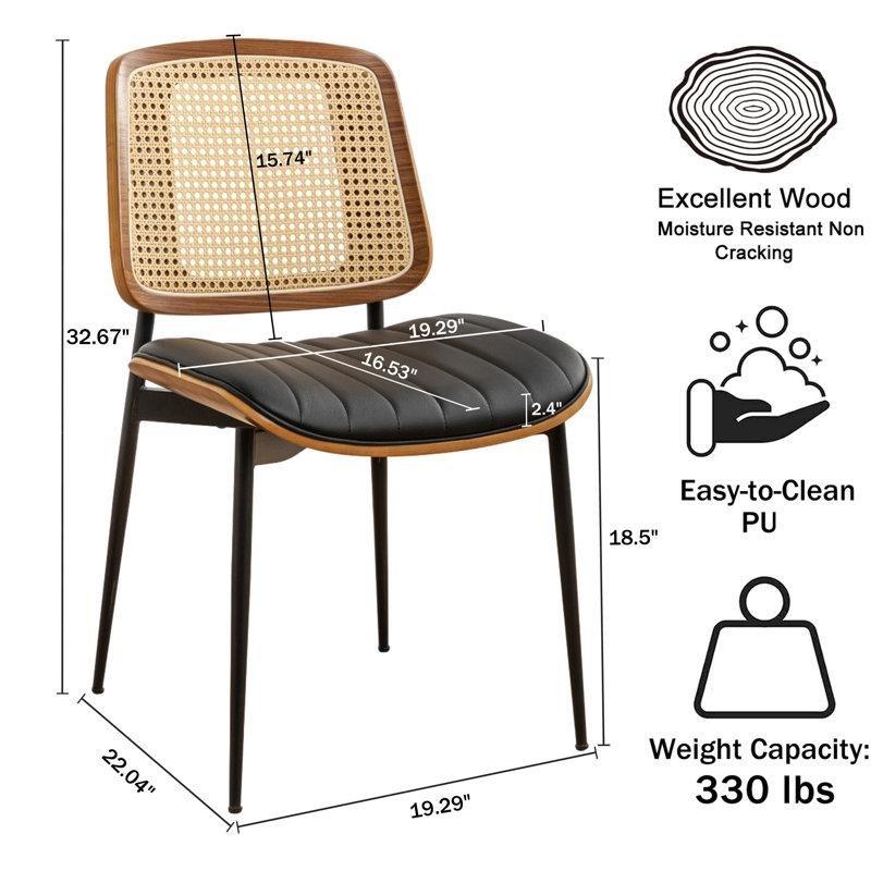 Siyah Metal Ayaklı Rattan Örgü Sırtlı Suni Deri Döşemeli 2li Ceviz Sandalye - 145689