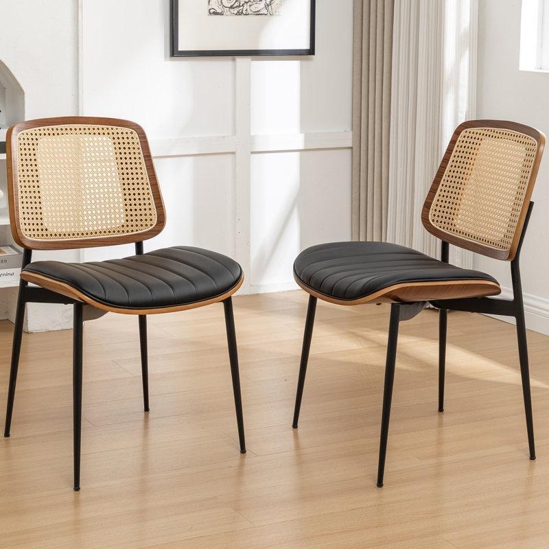 Siyah Metal Ayaklı Rattan Örgü Sırtlı Suni Deri Döşemeli 2li Ceviz Sandalye - 145689