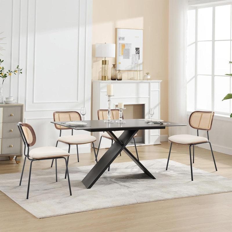 Siyah Metal Ayaklı Vegan Deri Döşemeli Masif Ahşap 4lü Set Rattan Sandalye - 146298