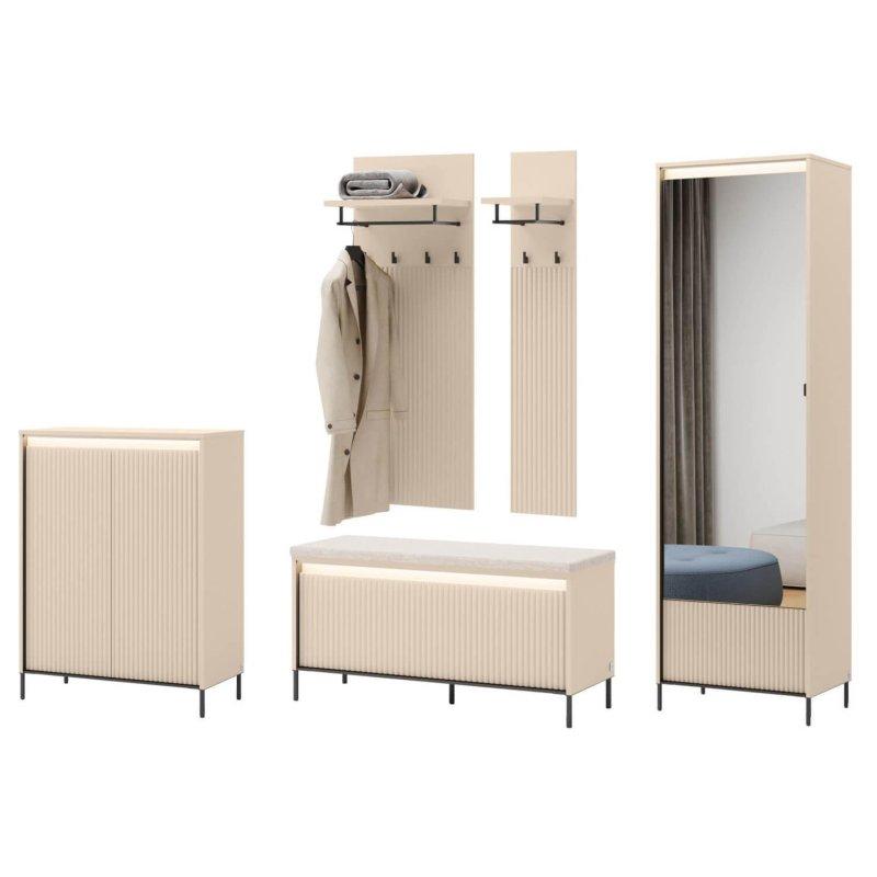 Siyah Metal Ayaklı Yivli Aynalı ve Oturaklı Portmanto Vestiyer Seti - 245 cm - 159037