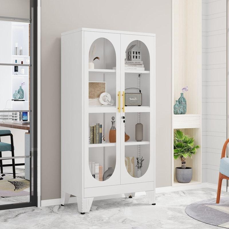 Siyah Metal Cam Kapaklı Ayarlanabilir Raflı Kilitli Vitrin - Gümüşlük - 155x70x35 cm - 157048