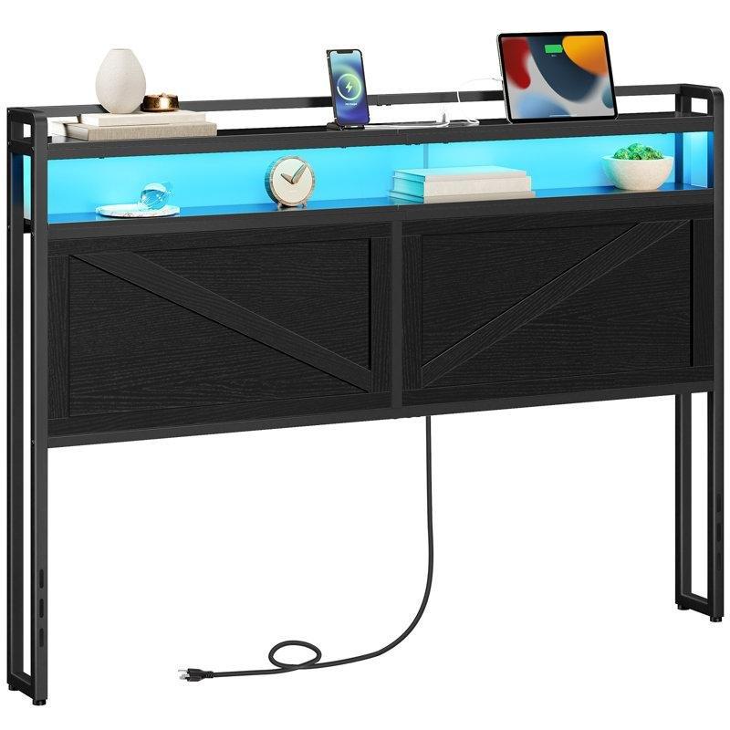 Siyah Metal Çerçeveli Raflı LED Işıklı ve Şarj İstasyonlu Yatak Başlığı - 153 cm - 144777
