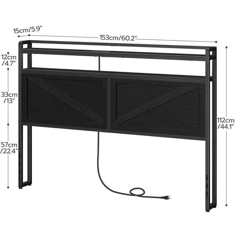Siyah Metal Çerçeveli Raflı LED Işıklı ve Şarj İstasyonlu Yatak Başlığı - 153 cm - 144777