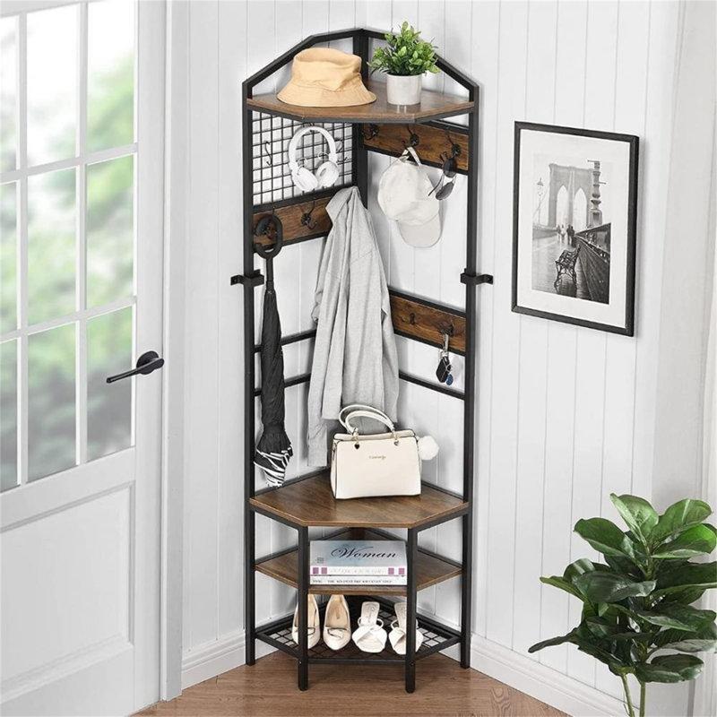Siyah Metal Gövdeli Ahşap Raflı Köşe Tipi Askılı Portmanto Vestiyer - 45x184 cm - 159421