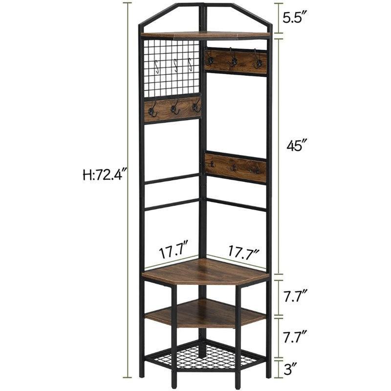 Siyah Metal Gövdeli Ahşap Raflı Köşe Tipi Askılı Portmanto Vestiyer - 45x184 cm - 159421