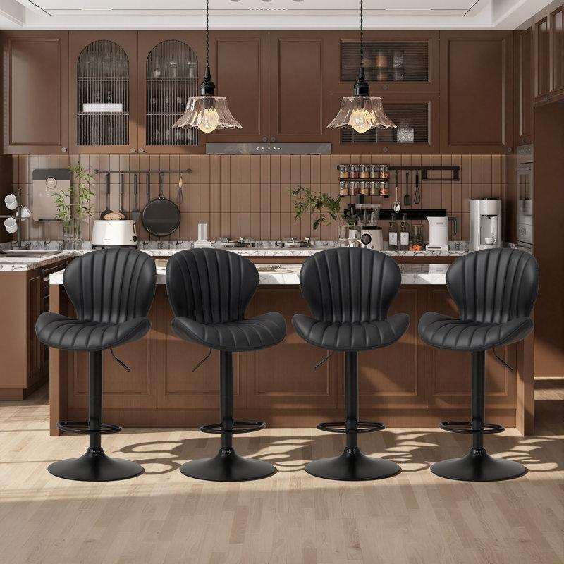 Siyah Metal Gövdeli Suni Deri Döner Amortisörlü Bar Sandalyesi 4lü Set - 147816