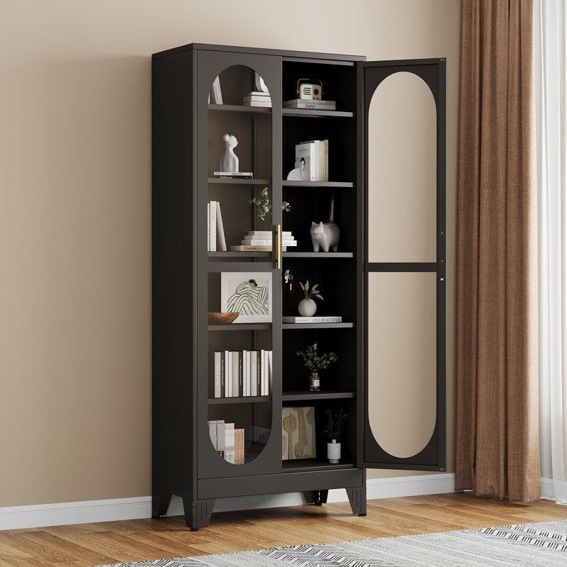Siyah Metal Kilitli Cam Kapaklı 5 Ayarlanabilir Raflı Vitrin - Gümüşlük - 190x80x40 cm - 156811
