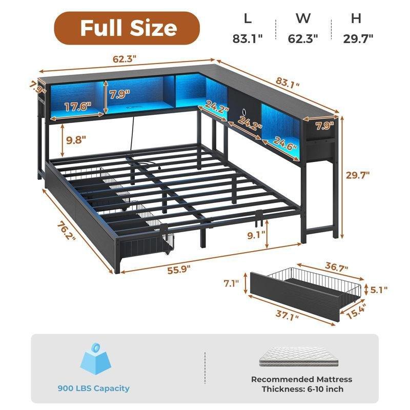Siyah Metal Kitaplık ve Çekmece Depolama Alanlı RGB LED Aydınlatmalı Şarj İstasyonlu Daybed Karyola - 142171