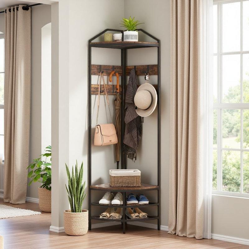 Siyah Metal Köşe Tasarım 8 Askılı Oturaklı Ahşap Raflı Portmanto Vestiyer - 45x45x180 cm - 159406