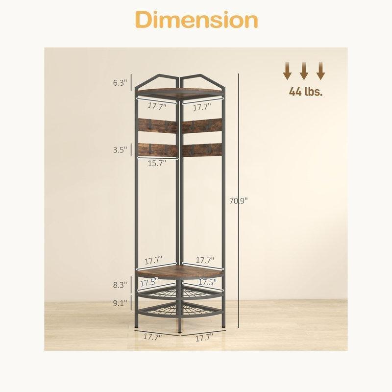 Siyah Metal Köşe Tasarım 8 Askılı Oturaklı Ahşap Raflı Portmanto Vestiyer - 45x45x180 cm - 159406