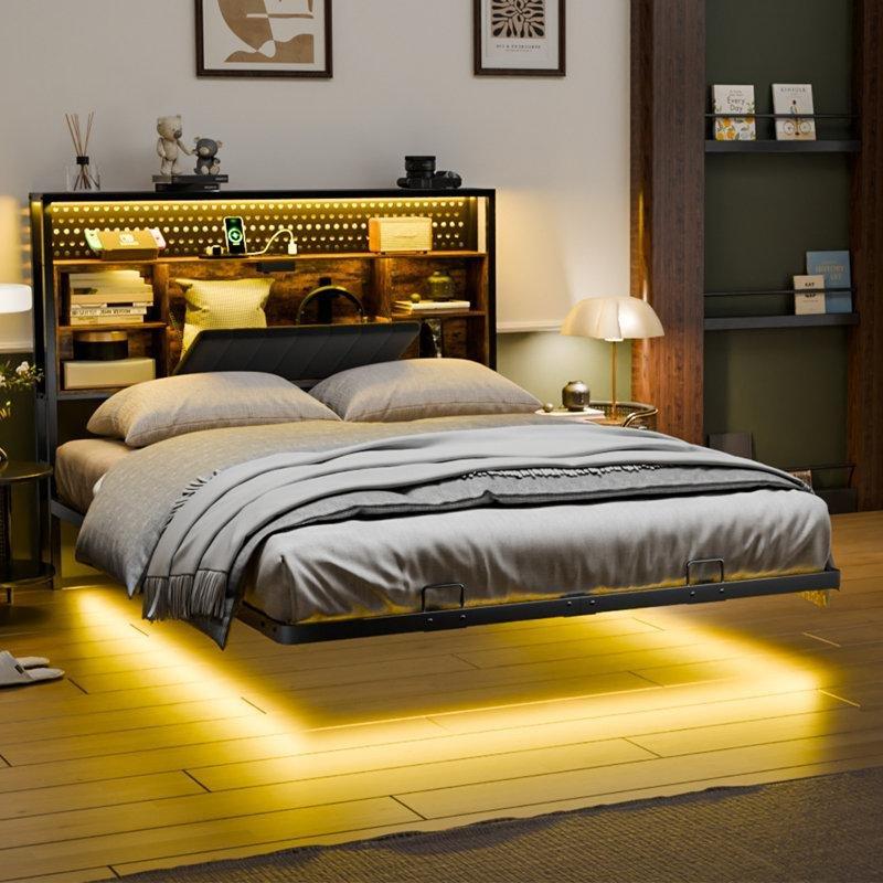 Siyah Metal LED Işıklı Şarj İstasyonlu Raflı Başlıklı Uçan Tasarım Karyola - 100x207 cm - 142372