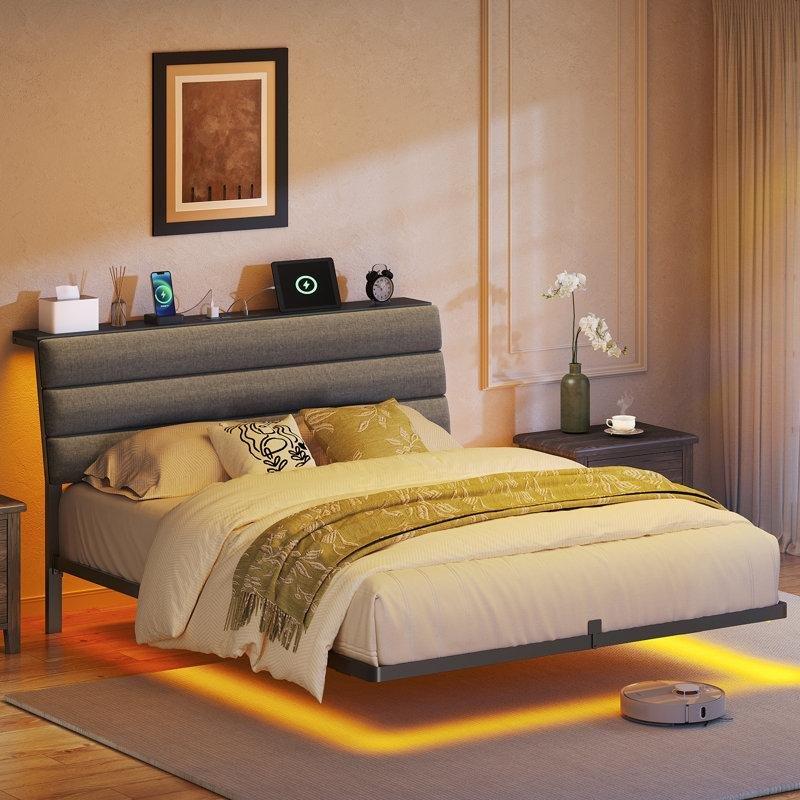 Siyah Metal LED Işıklı ve Şarj İstasyonlu Yüzen Tasarım Karyola - 153x206 cm - 142315