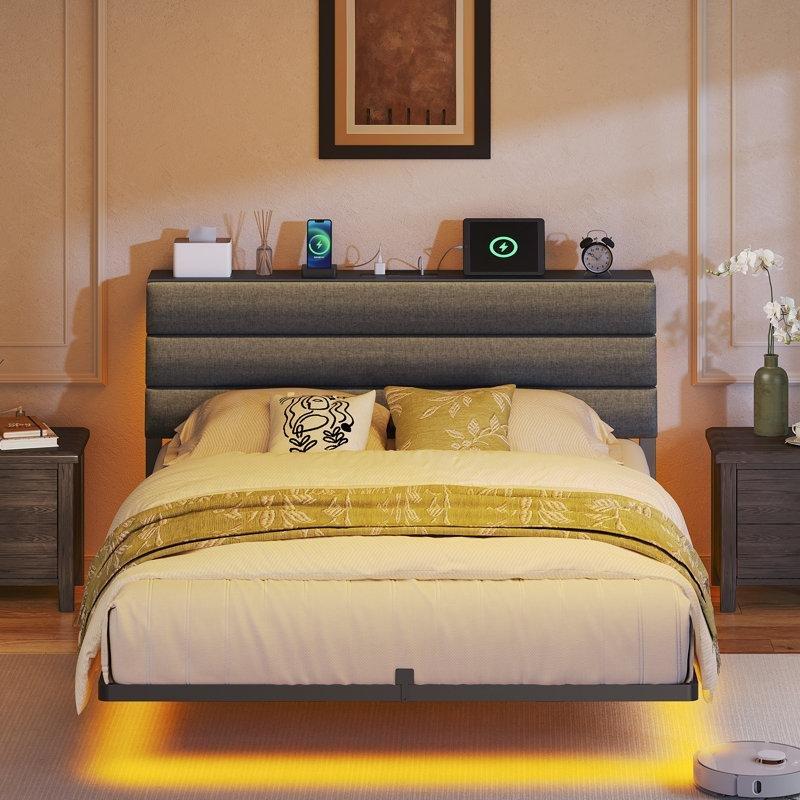 Siyah Metal LED Işıklı ve Şarj İstasyonlu Yüzen Tasarım Karyola - 153x206 cm - 142315
