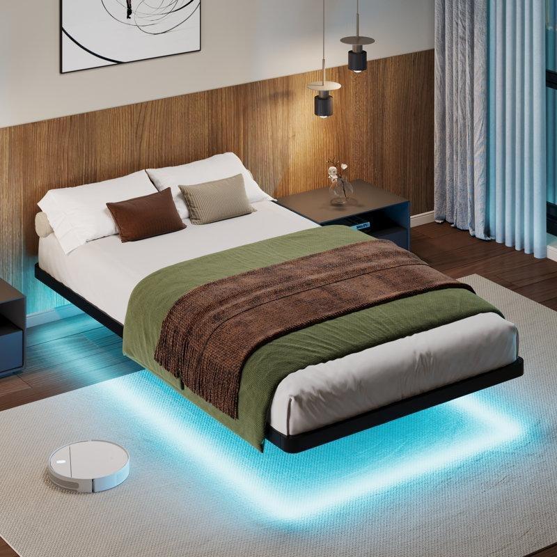 Siyah Metal LED Işıklı Yüzen Tasarım Karyola - 100x192 cm - 142318