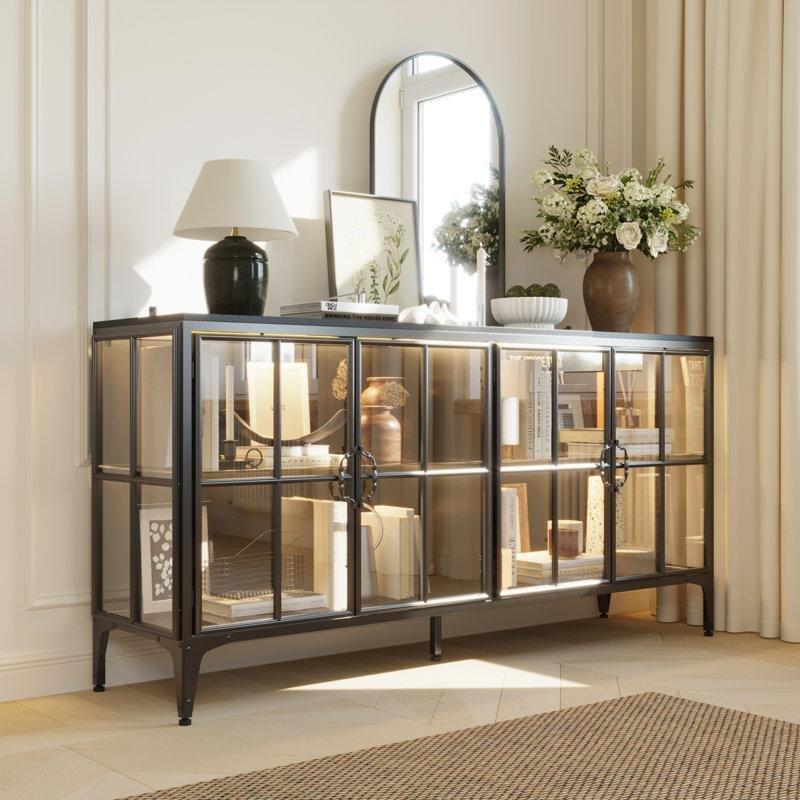 Siyah Metal Masif Ahşap 4 Kapaklı LED Aydınlatmalı Vitrin - Gümüşlük - 161 cm - 157183