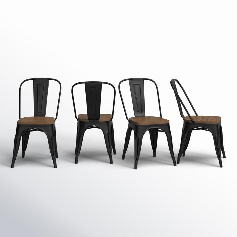 Siyah Metal Masif Ahşap Oturaklı İstiflenebilir 4lü Set Ferforje Sandalye - 145926