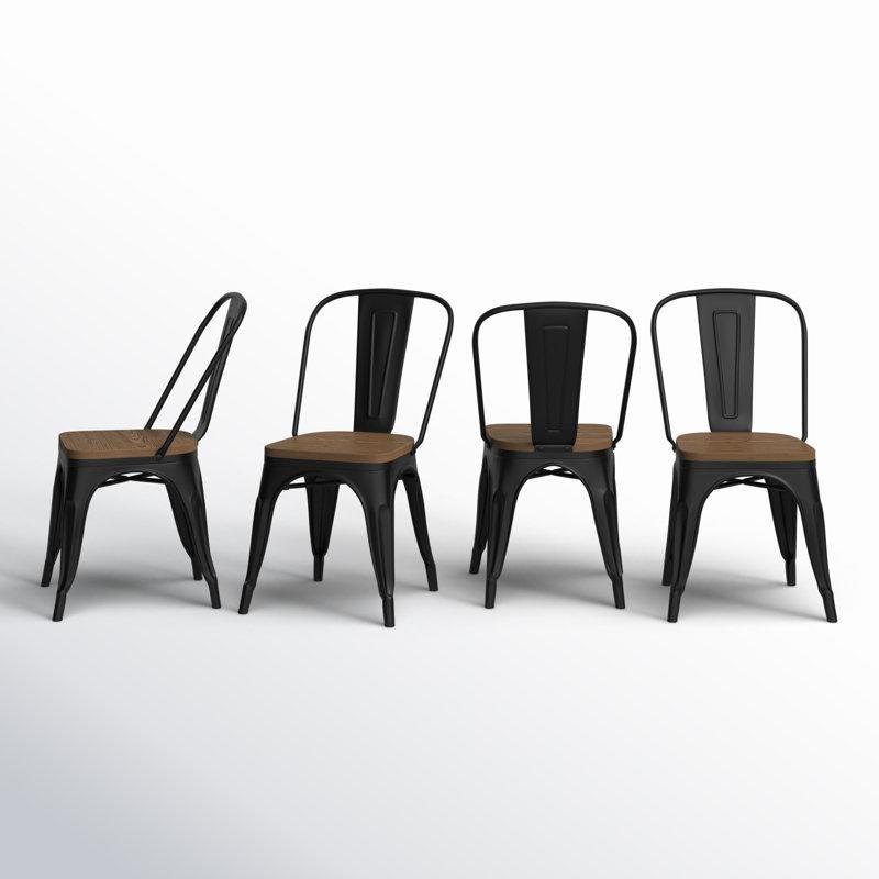 Siyah Metal Masif Ahşap Oturaklı İstiflenebilir 4lü Set Ferforje Sandalye - 145926