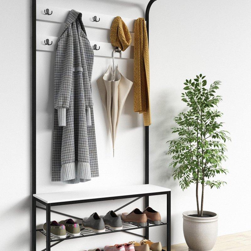 Siyah Metal Oturaklı ve 2 Raflı Portmanto Vestiyer - 90x30x190 cm - 158722