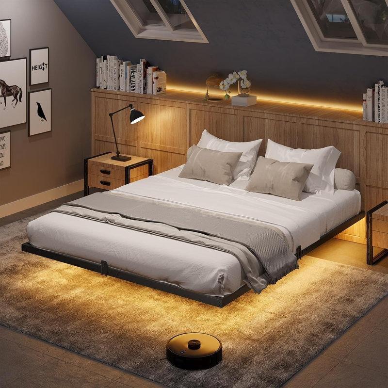Siyah Metal RGB LED Işıklı Gizli Ayaklı Uçan Tasarım Karyola - 153x204 cm - 142354
