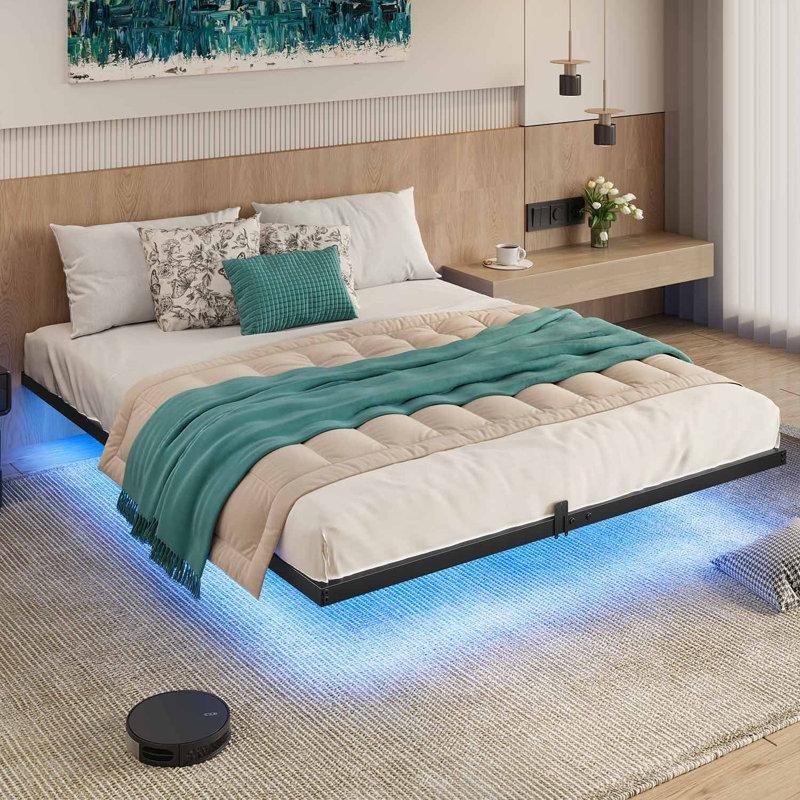 Siyah Metal RGB LED Işıklı Gizli Ayaklı Uçan Tasarım Karyola - 153x204 cm - 142354