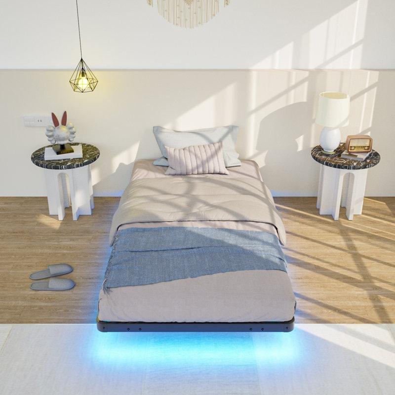 Siyah Metal RGB LED Işıklı Havada Duran Tasarım Karyola - 97x191 cm - 142324