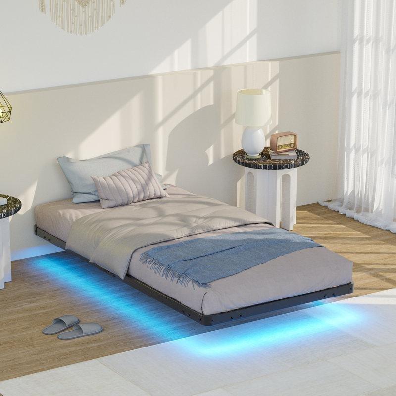 Siyah Metal RGB LED Işıklı Havada Duran Tasarım Karyola - 97x191 cm - 142324