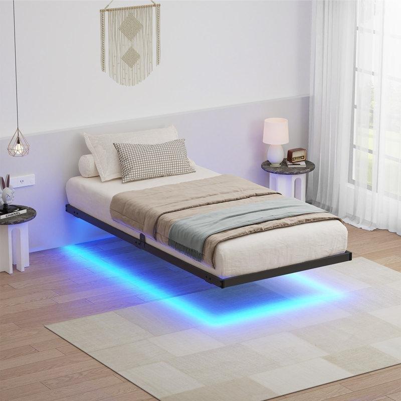 Siyah Metal RGB LED Işıklı Havada Duran Tasarım Karyola - 97x191 cm - 142324