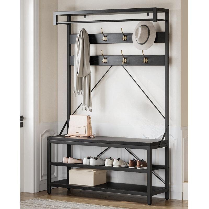 Siyah Metal ve Ahşap Oturaklı Askılı Portmanto Vestiyer - 102 cm - 159634