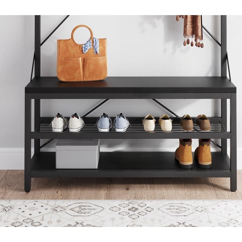 Siyah Metal ve Ahşap Oturaklı Askılı Portmanto Vestiyer - 102 cm - 159634