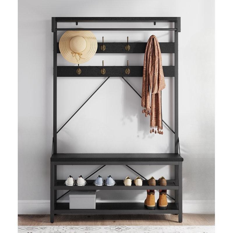 Siyah Metal ve Ahşap Oturaklı Askılı Portmanto Vestiyer - 102 cm - 159634