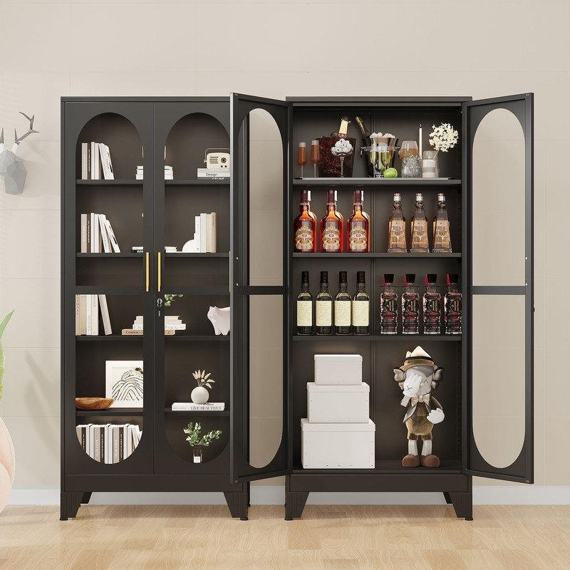 Siyah Metal ve Cam Ayarlanabilir Raflı Kilitli Vitrin - Gümüşlük - 181x76x38 cm - 156862