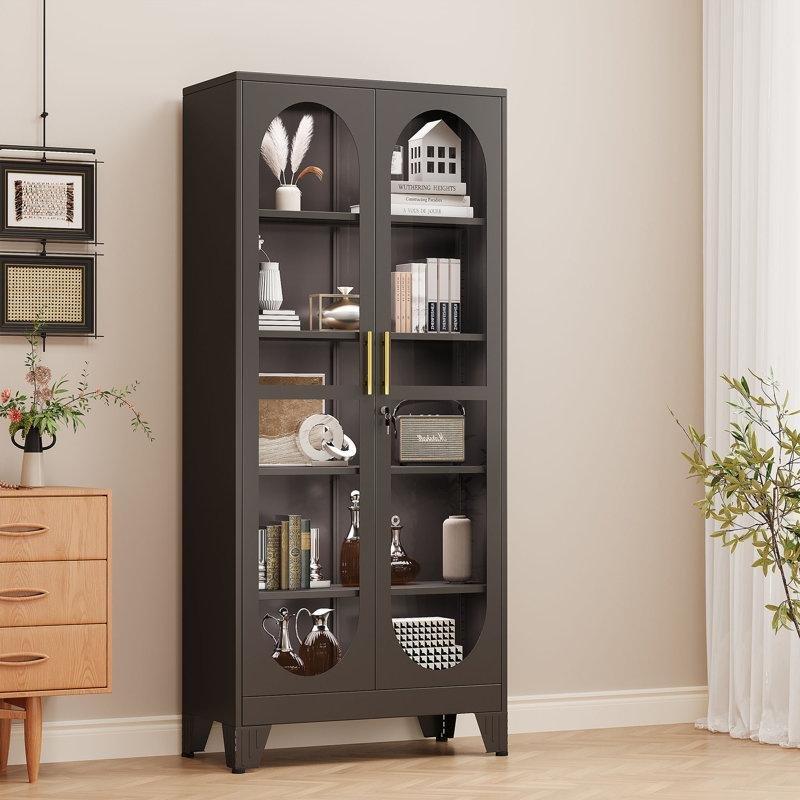 Siyah Metal ve Cam Ayarlanabilir Raflı Kilitli Vitrin - Gümüşlük - 181x76x38 cm - 156862