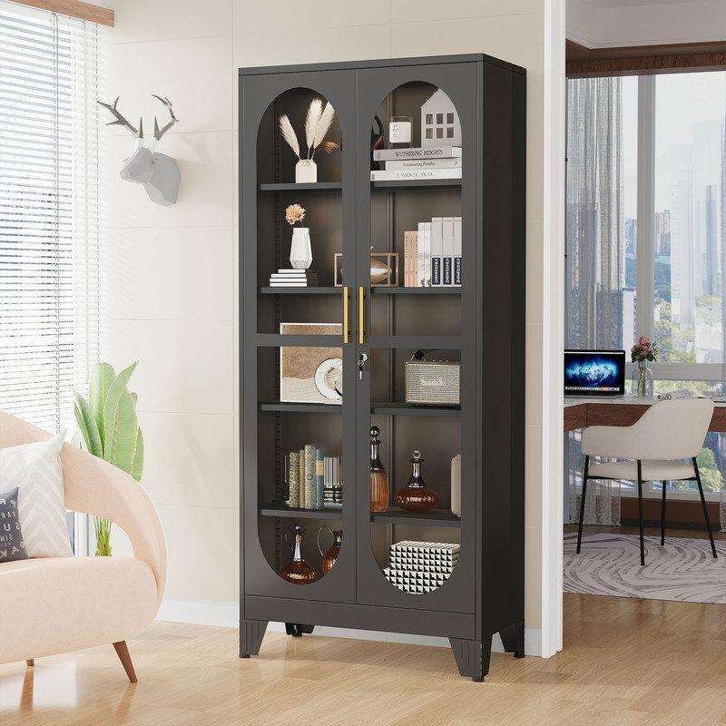 Siyah Metal ve Cam Ayarlanabilir Raflı Kilitli Vitrin - Gümüşlük - 181x76x38 cm - 156862