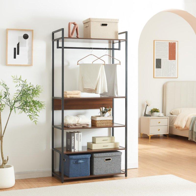 Siyah Metal ve Ceviz MDF Çekmeceli Raflı 2li Set Portmanto Vestiyer - 180x84x40 cm - 159124