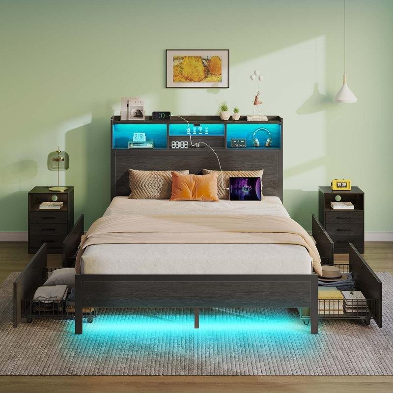 Siyah Metal ve Endüstriyel Ahşap LED Aydınlatmalı USB Girişli 4 Çekmeceli Raflı Başlıklı Karyola - 143x214 cm - 142285