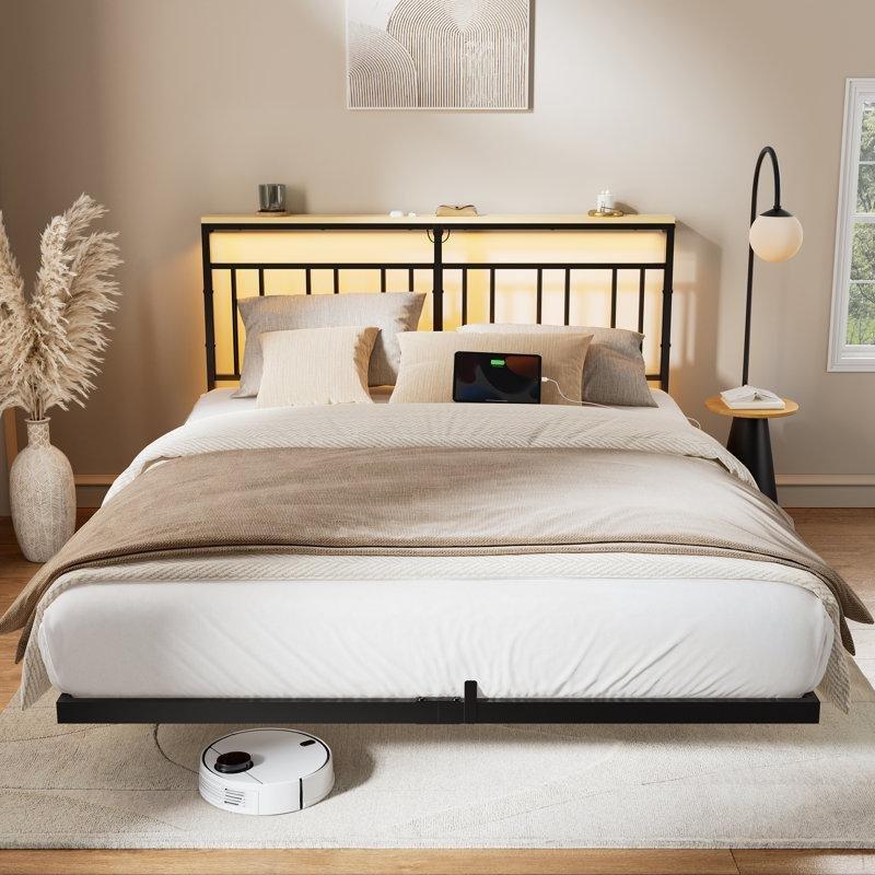 Siyah Metal ve Endüstriyel Ahşap LED Işıklı Şarj İstasyonlu Raflı Başlıklı Yüzen Tasarım Karyola - 138x203 cm - 142336