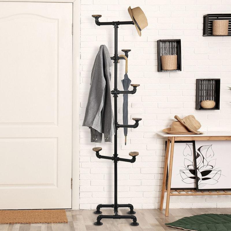 Siyah Metal ve Eskitme Ahşap 10 Askılı Endüstriyel Tasarım Ayaklı Portmanto Vestiyer - 160 cm - 161398