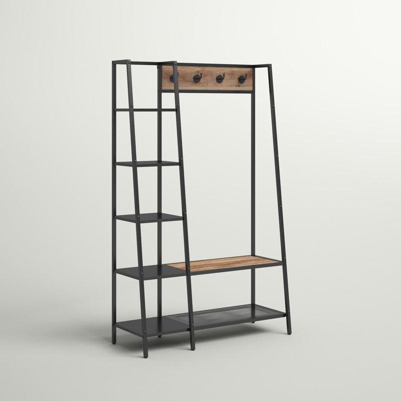 Siyah Metal ve Kahverengi Ahşap Oturaklı 5 Raflı Portmanto Vestiyer - 107 cm - 159769