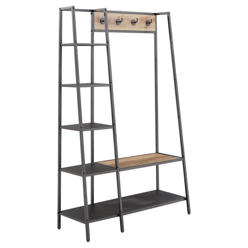 Siyah Metal ve Kahverengi Ahşap Oturaklı 5 Raflı Portmanto Vestiyer - 107 cm - 159769