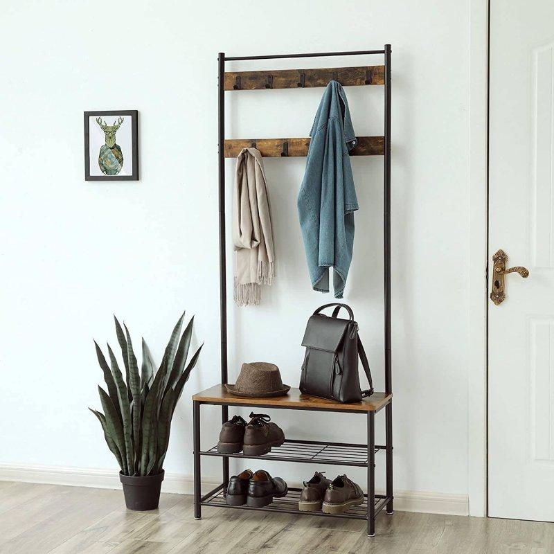 Siyah Metal ve Kahverengi Sunta Oturaklı Portmanto Vestiyer - 70x32x175 cm - 158755