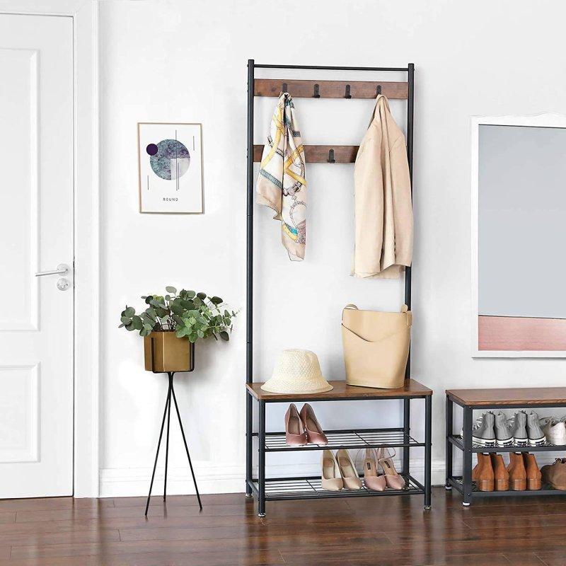 Siyah Metal ve Kahverengi Sunta Oturaklı Portmanto Vestiyer - 70x32x175 cm - 158755
