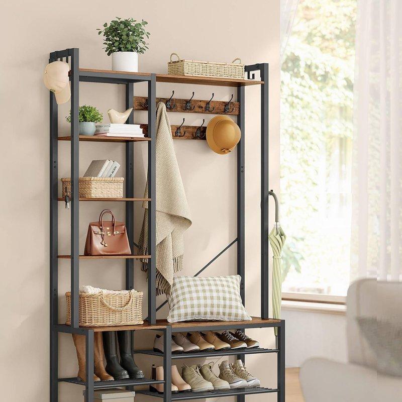 Siyah Metal ve Kahverengi Sunta Raflı Portmanto Vestiyer - 120x190 cm - 158749