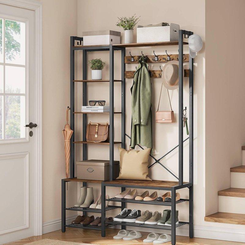 Siyah Metal ve Kahverengi Sunta Raflı Portmanto Vestiyer - 120x190 cm - 158749