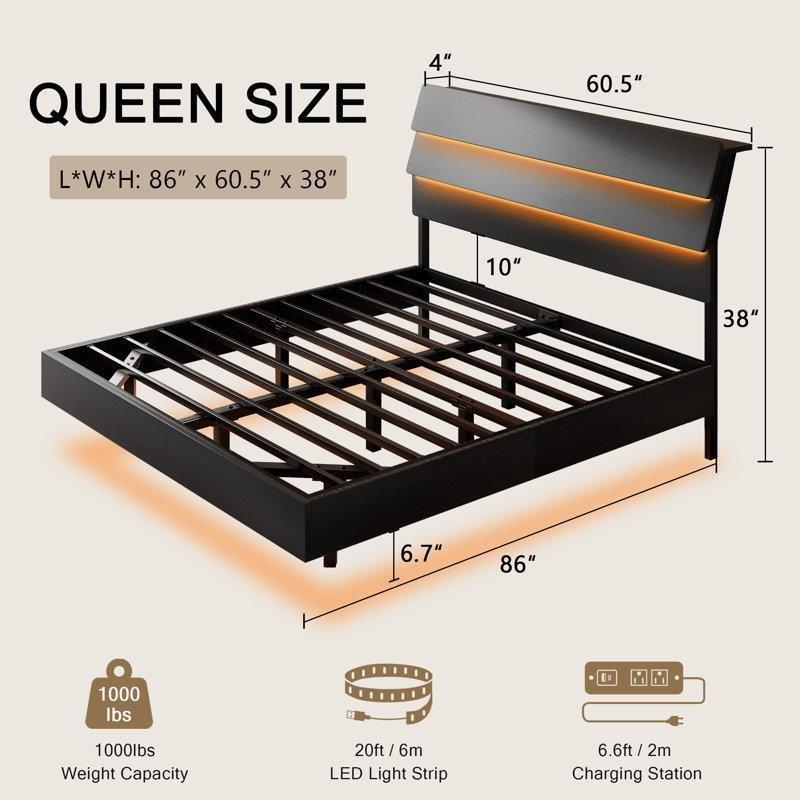 Siyah Metal Yüzen Tasarım LED Işıklı ve Şarj İstasyonlu Karyola - Queen Boyut - 142348