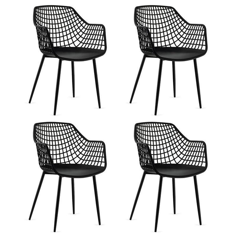 Siyah PVC Metal Ayaklı Kolçaklı Ağ Tasarımlı Sandalye, 4'lü Set - 147042
