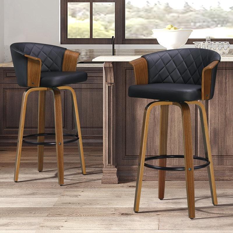 Siyah Suni Deri Ahşap Döner Kolçaklı Retro Bar Sandalyesi 2li Set - 78 cm - 148491